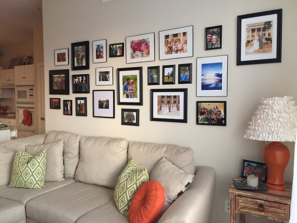 Living Room Gallery Wall + Orange DIY lamp