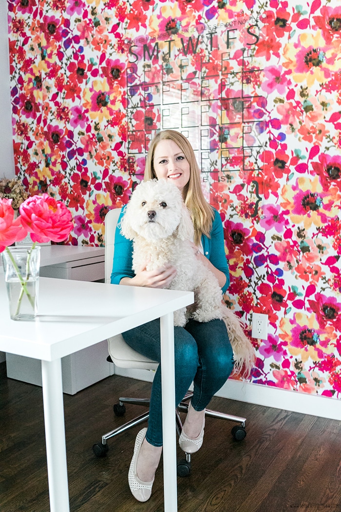 Office Makeover - Amber Oliver. Bright and cheerful office space with floral fabric wall. Photo by thinkelysian.com