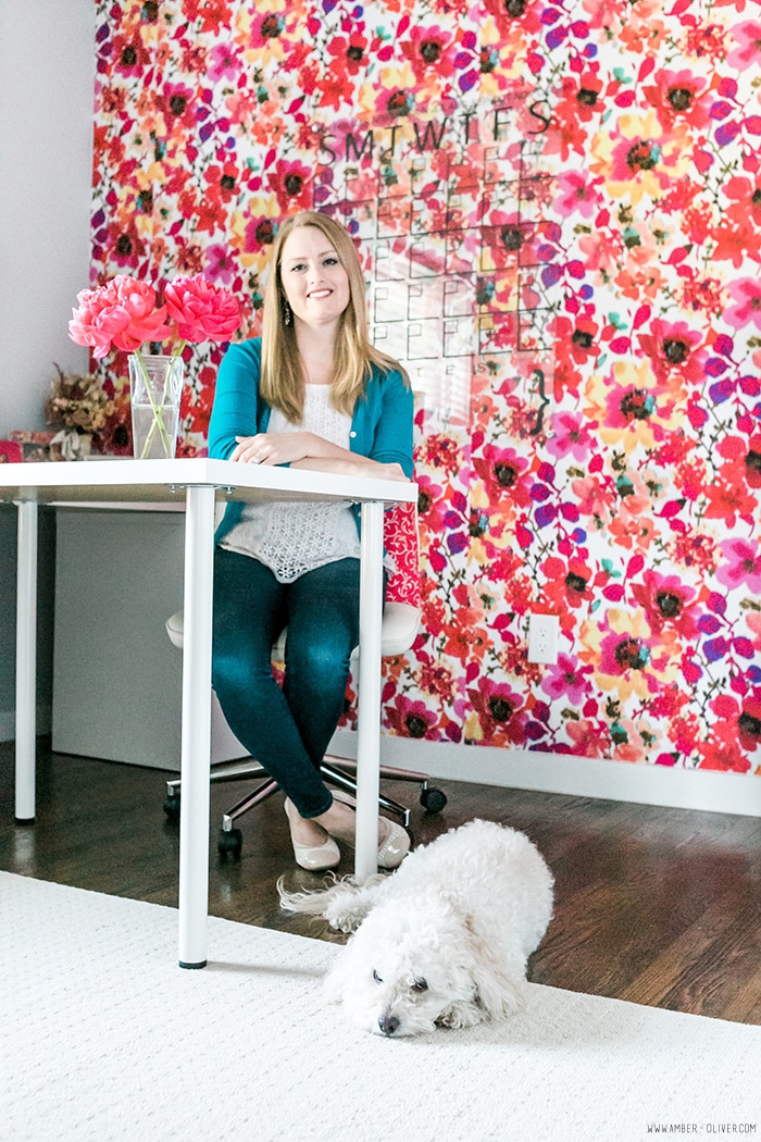 Office Makeover - Amber Oliver. Bright and cheerful office space with floral fabric wall. Photo by thinkelysian.com