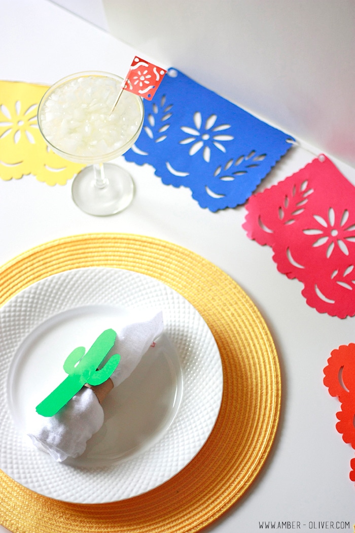 DIY Cinco de Mayo party decor! papel picado banner, DIY cactus napkin ring, and drink flags! FREE DOWNLOAD for Silhouette