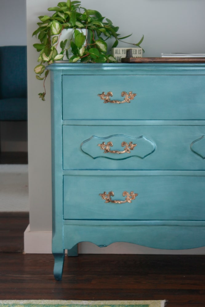 BEFORE and AFTER of DIY dresser make over with DecoArt Metallics from Michaels
