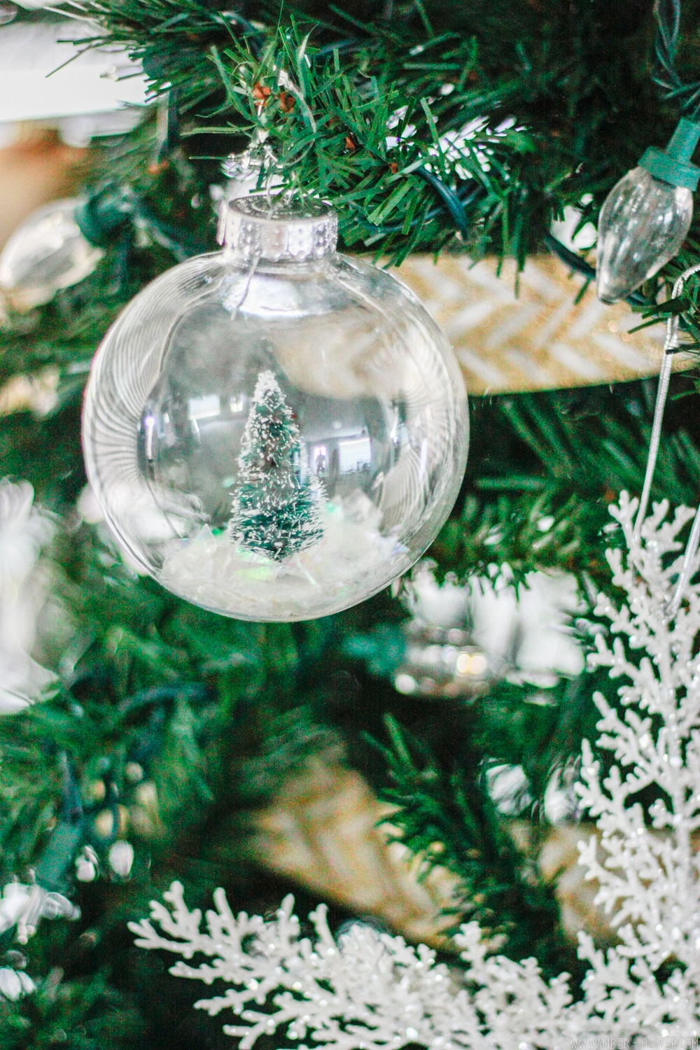 DIY Snow Globe Ornament - How to fill clear ornament with a bottle brush tree!