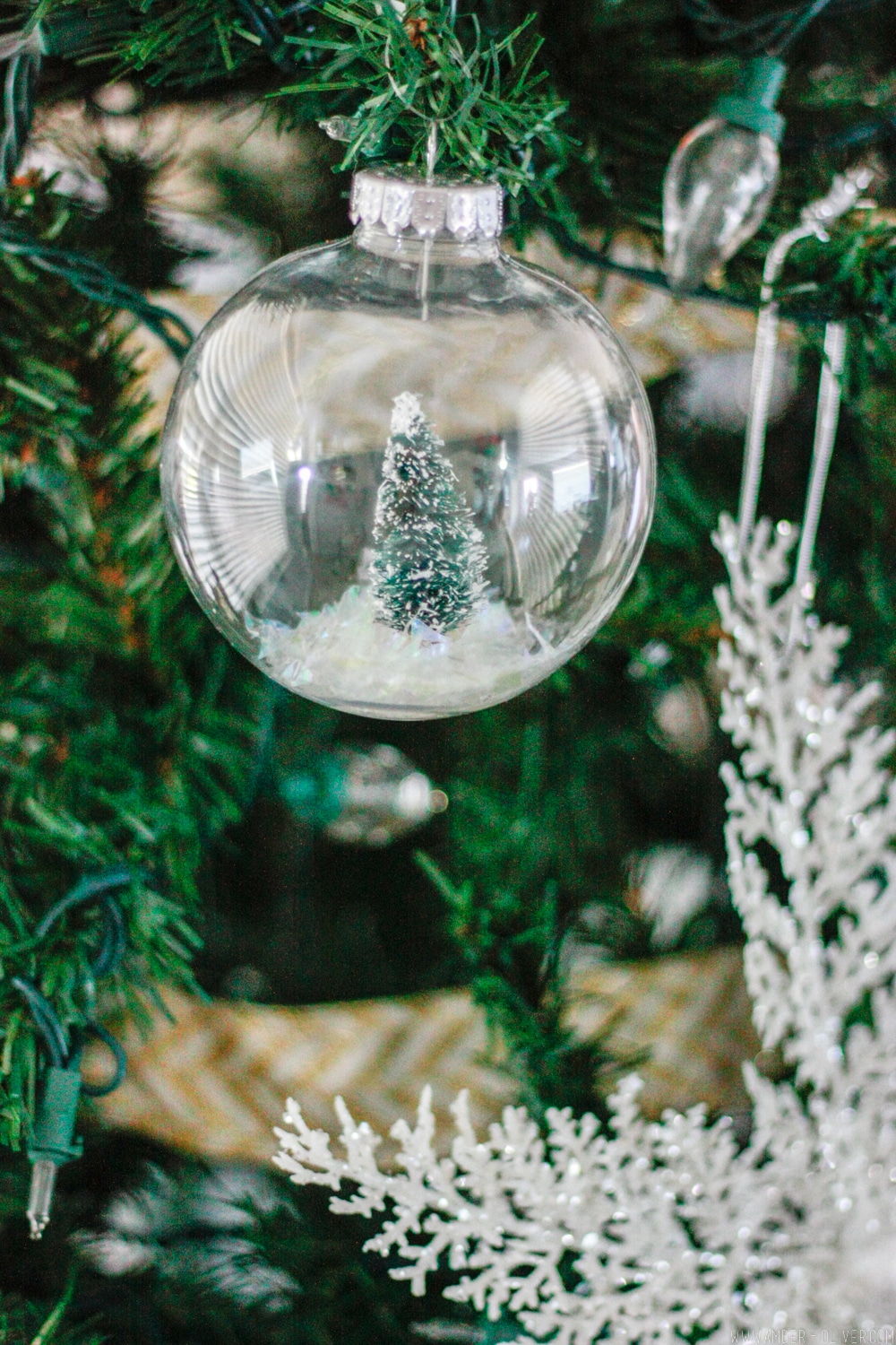 DIY Snow Globe Ornament - How to fill clear ornament with a bottle brush tree!