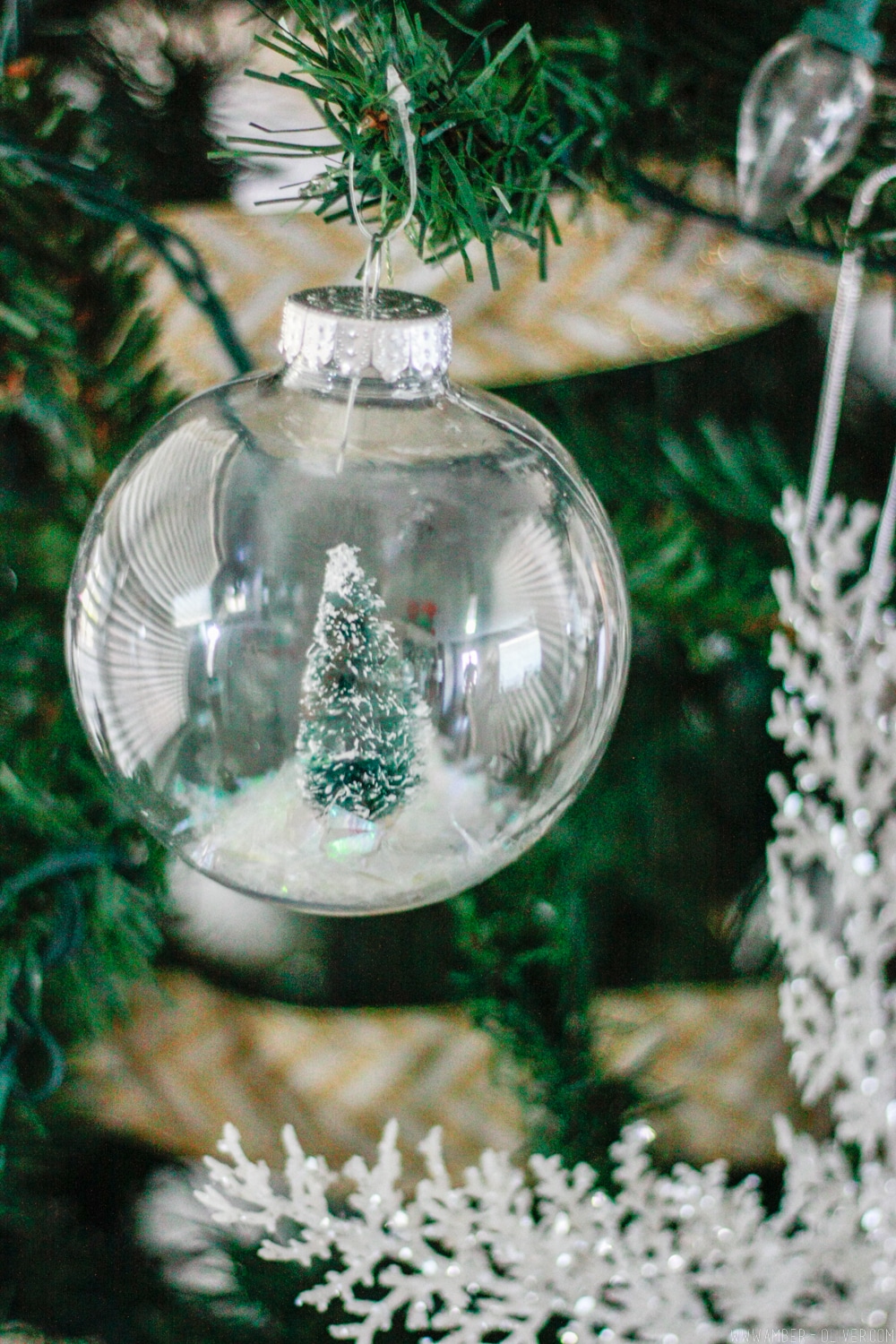 DIY Snow Globe Ornament - How to fill clear ornament with a bottle brush tree!