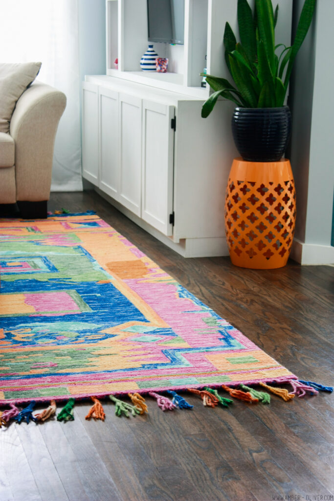 vibrant colorful rug in Amber Oliver's living room