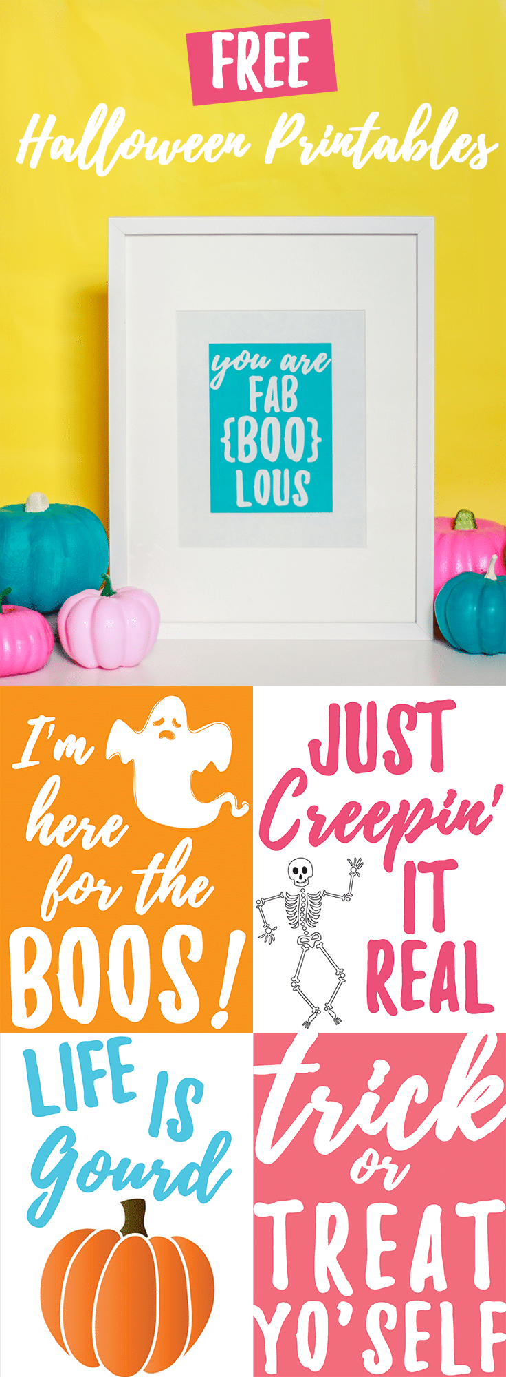 Bright color painted pumpkins and free punny halloween printables!