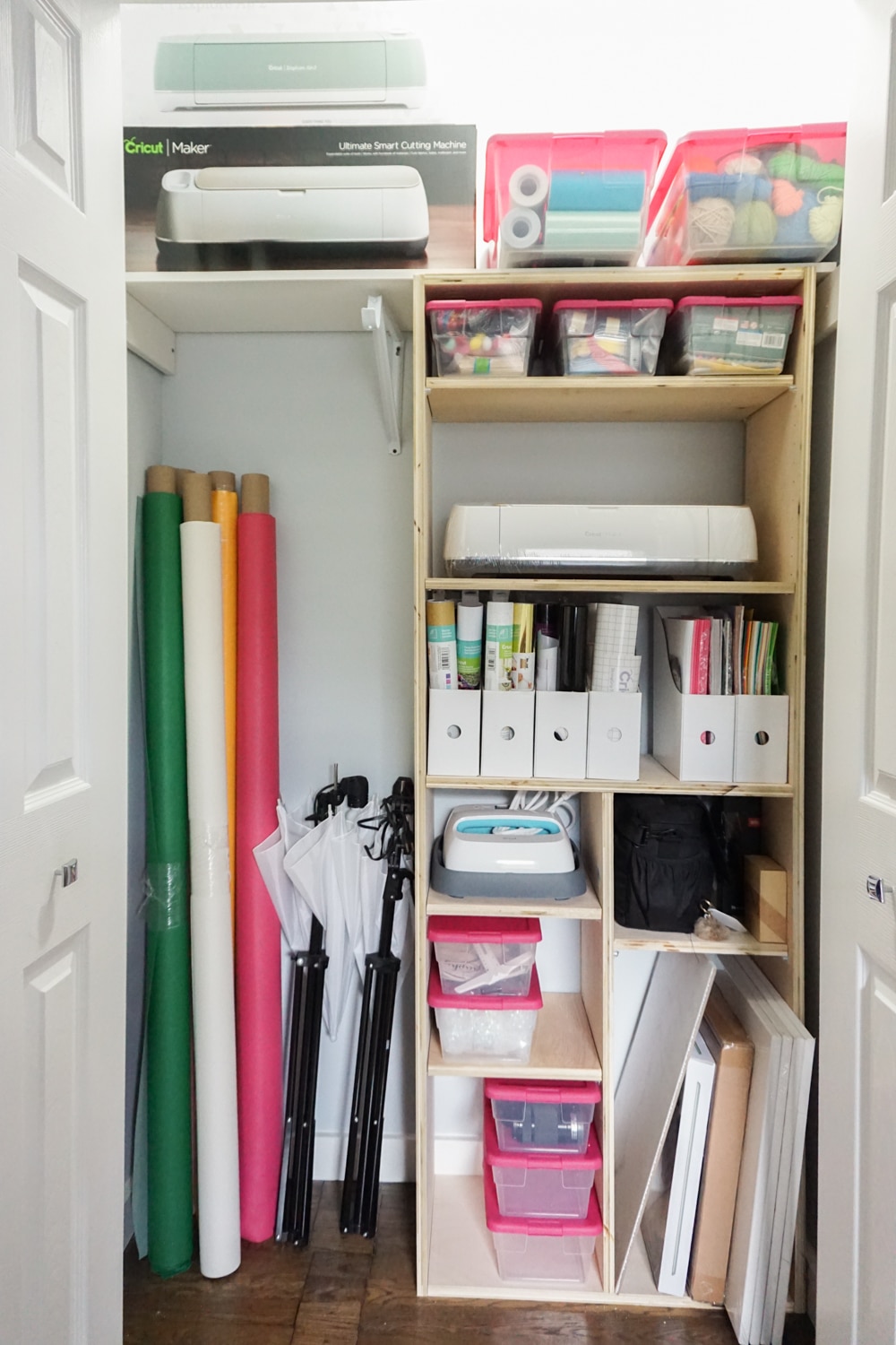 Full view of DIY closet shelves - perfect craft closet organization idea!