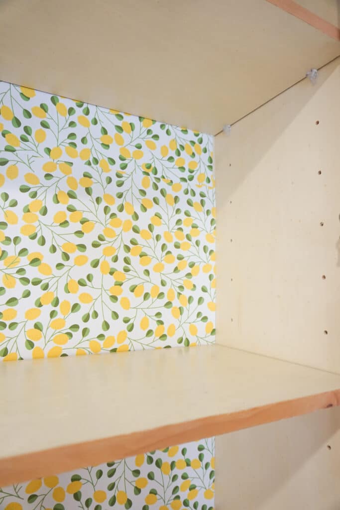 empty cabinet cabinet lined with colorful lemon wallpaper