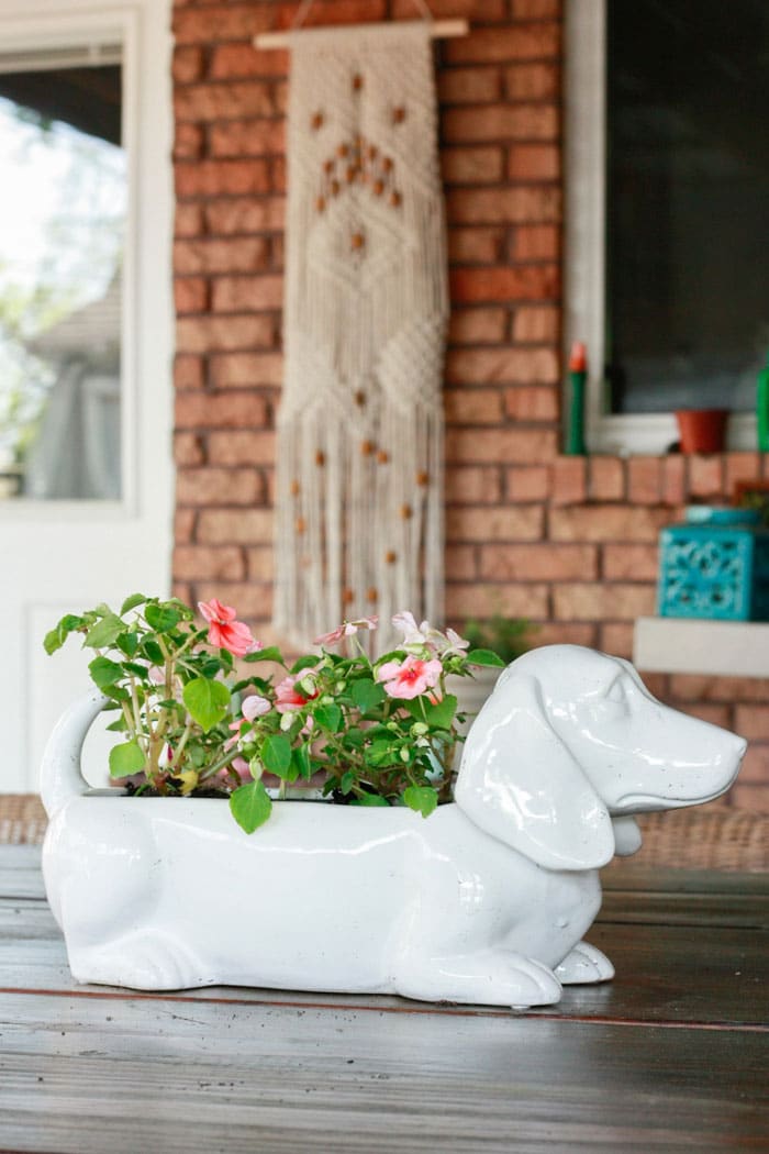 dog planter on table - patio decorating ideas with decor from At Home Stores