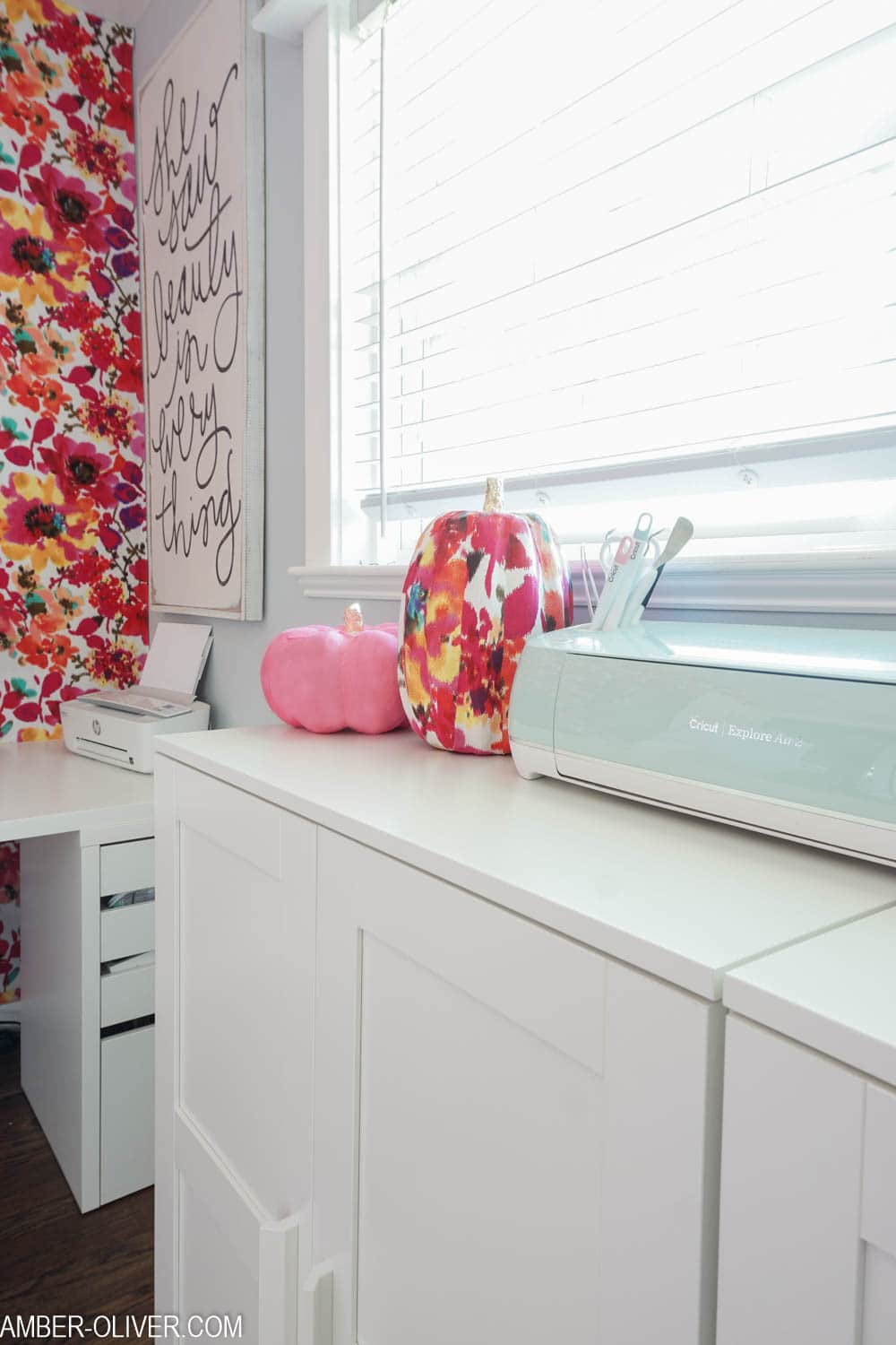 fabric pumpkins in a colorful office