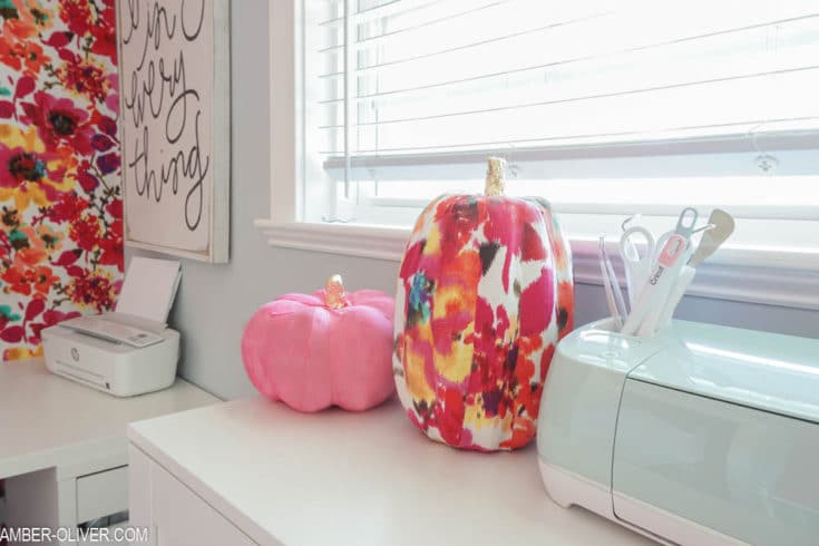 fabric pumpkins in a colorful office