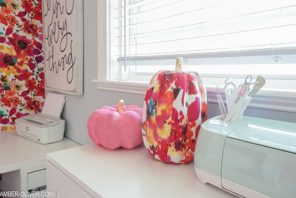 fabric pumpkins in a colorful office