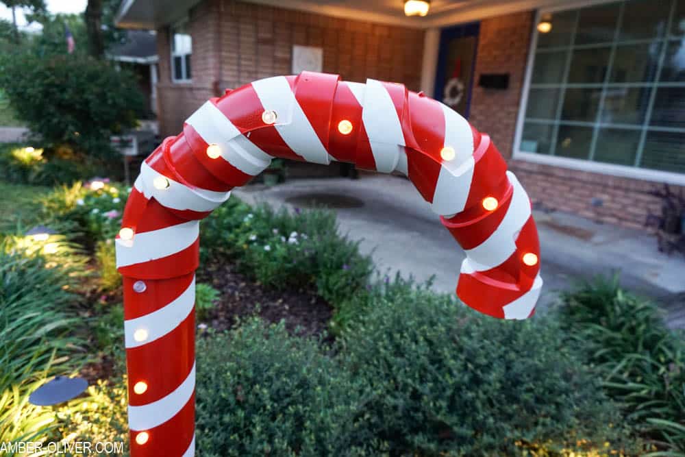 close up shot of DIY Lighted PVC Candy Cane