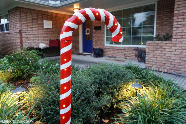 DIY Lighted PVC Candy Canes in garden