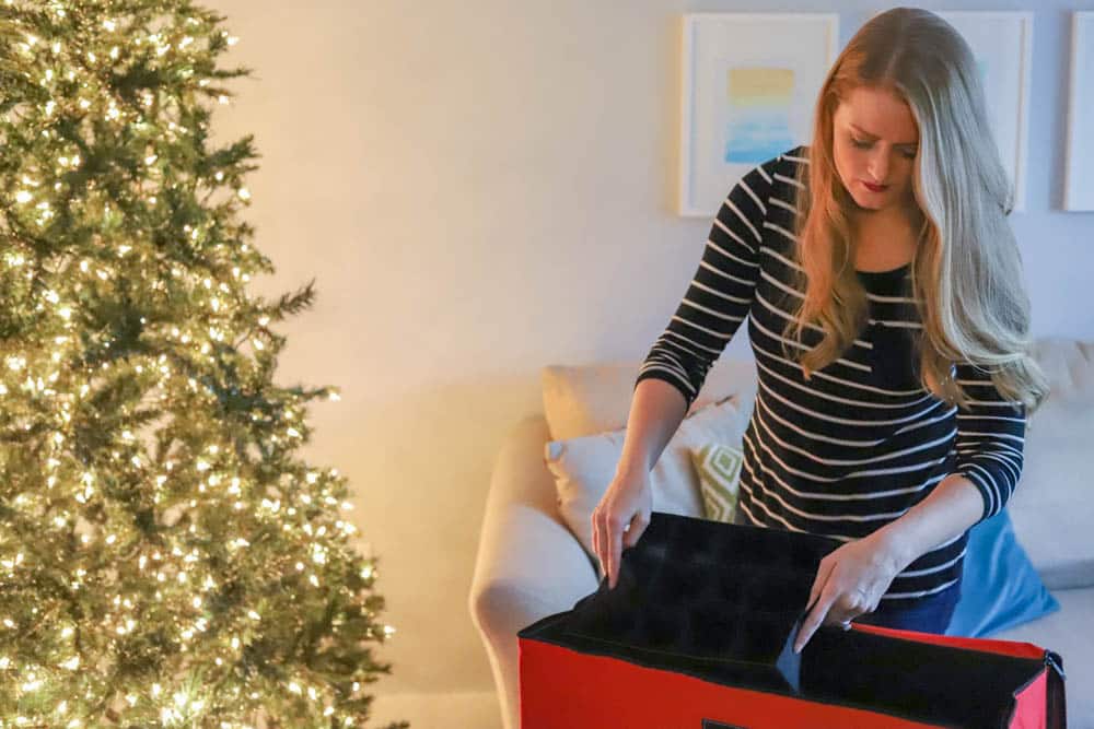 How To Organize Christmas Decorations: large bin from At Home to organize Christmas ornaments