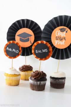 graduation DIY cupcake toppers made with paper rosettes from the Cricut Maker