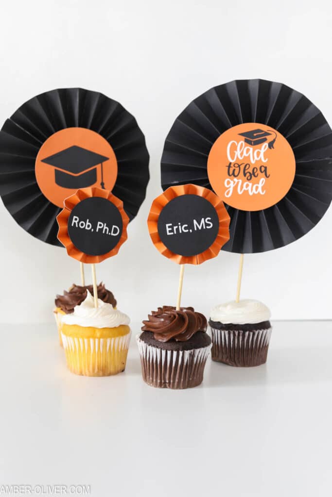 graduation DIY cupcake toppers made with paper rosettes from the Cricut Maker