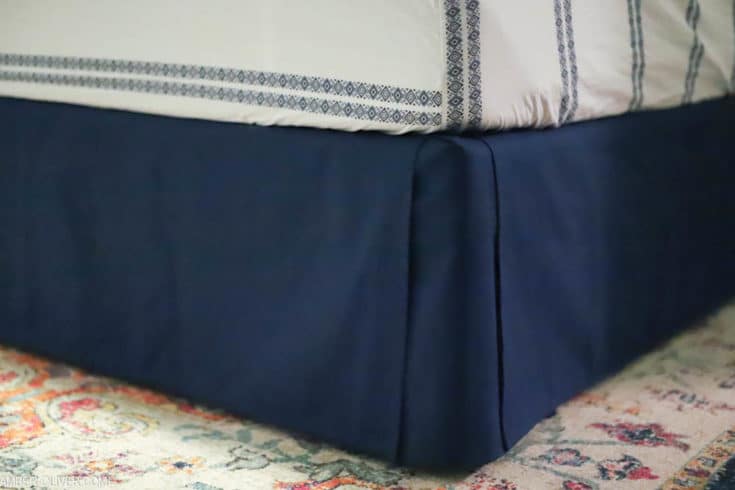 close up shot of navy blue diy bed skirt