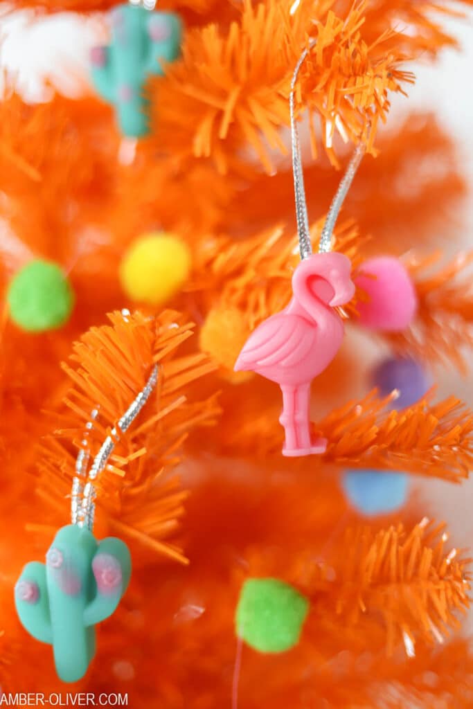 Resin Flamingo Ornament on an orange christmas tree