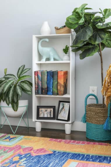 dresser drawer upcycled into a storage shelf
