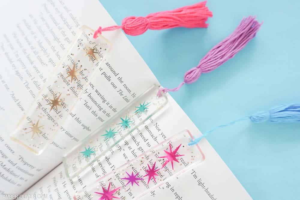 colorful resin bookmarks on a book