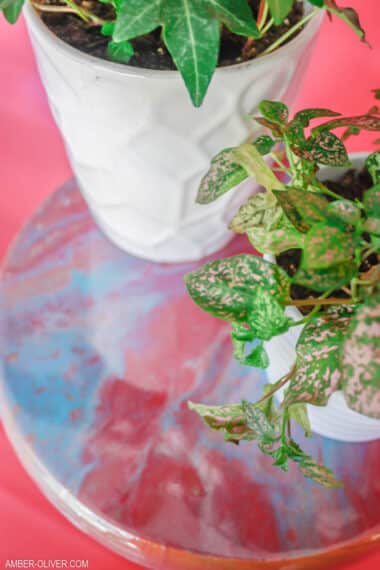 colorful resin pour diy plant stand in blue and pink