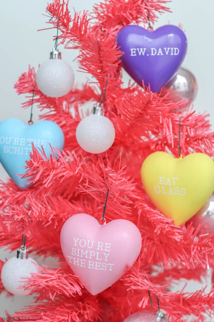 schitts creek valentines candy hearts on pink tree