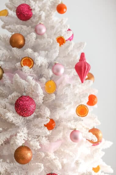 pink and orange christmas tree with real DIY dried orange slices