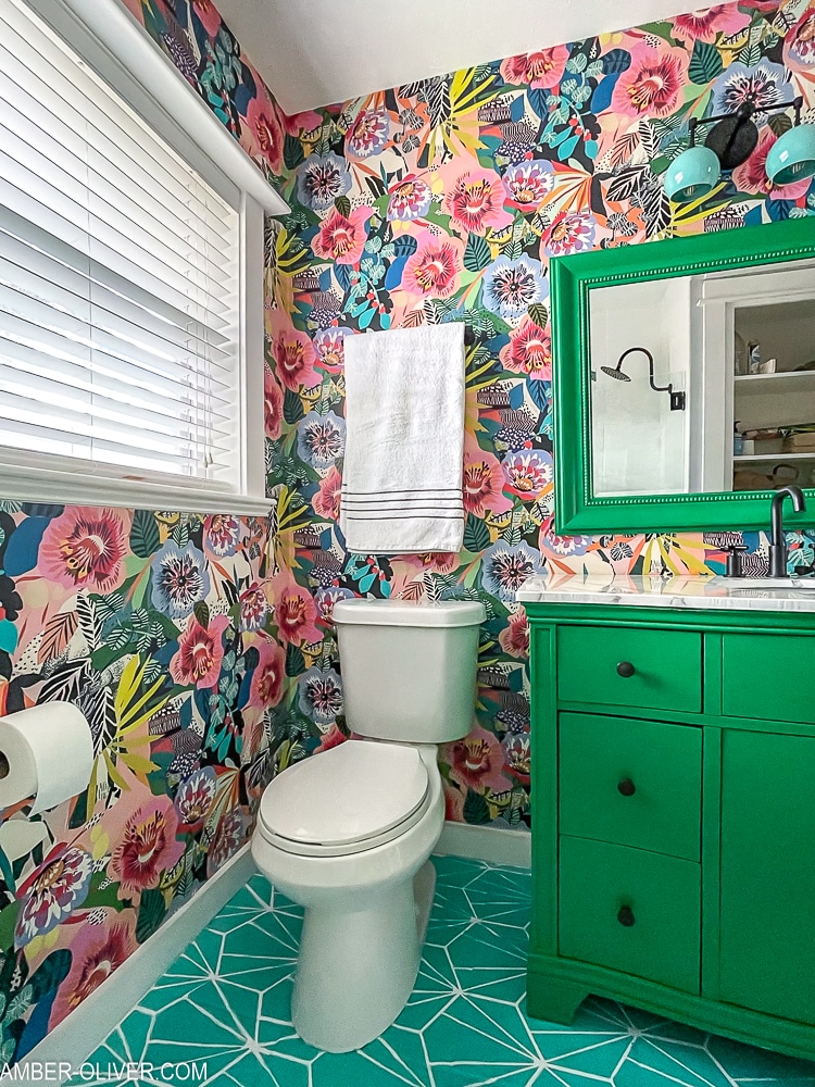 corner view bold bathroom makeover