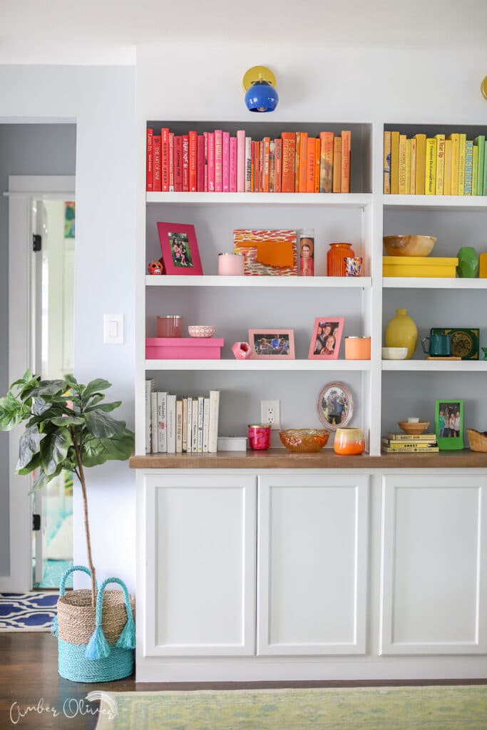 Rainbow DIY Bookshelf with Built in Cabinets - Amber Oliver