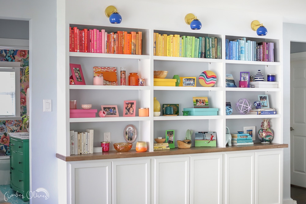 horizontal view of rainbow diy bookshelf