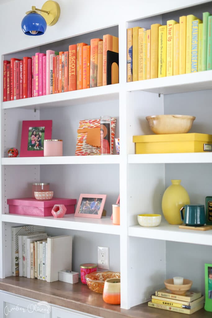 two sections of rainbow diy bookshelf