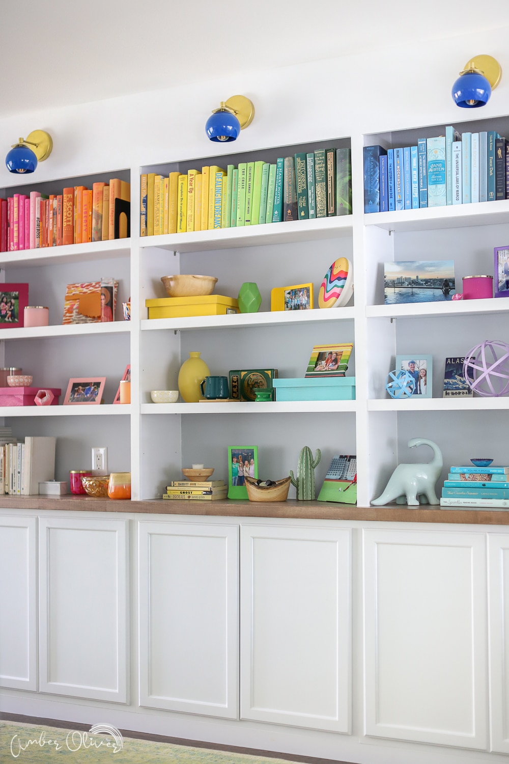 Rainbow DIY Bookshelf with Built in Cabinets - Amber Oliver