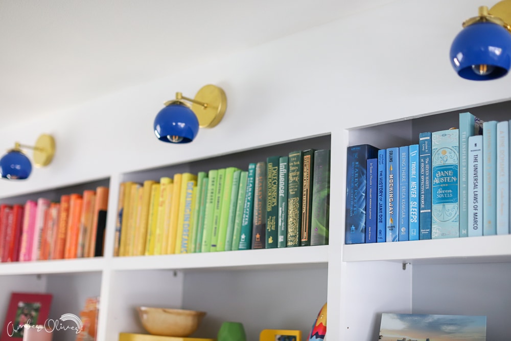 close up of rainbow diy bookshelves