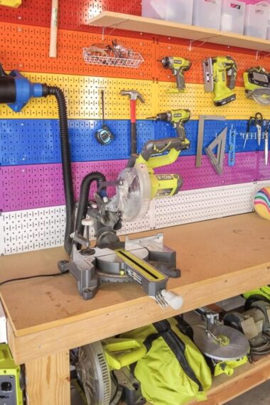 close up of rainbow pegboard in garage