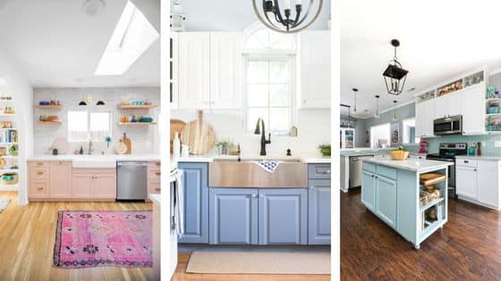 collage of 3 painted kitchen cabinets