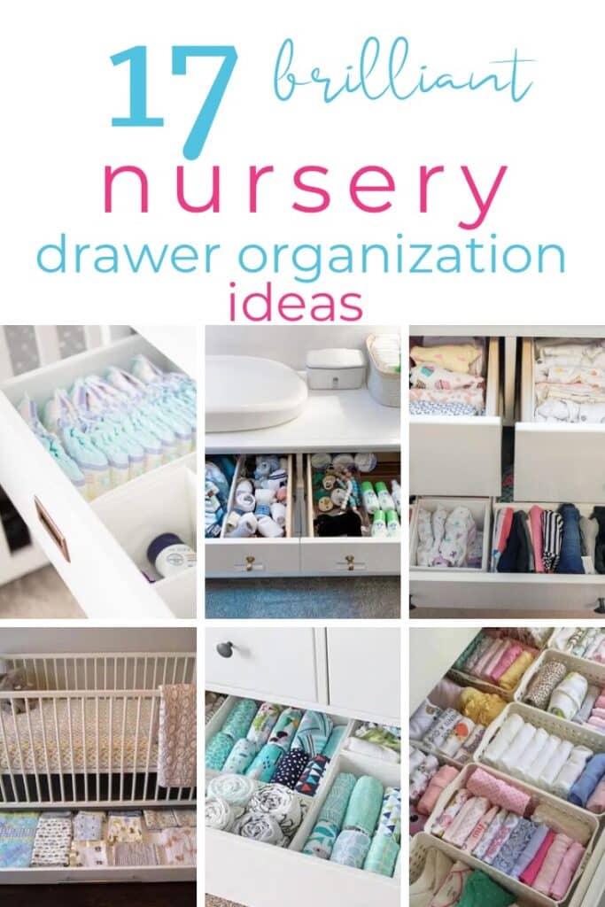 Pin collage nursery organization drawers with text