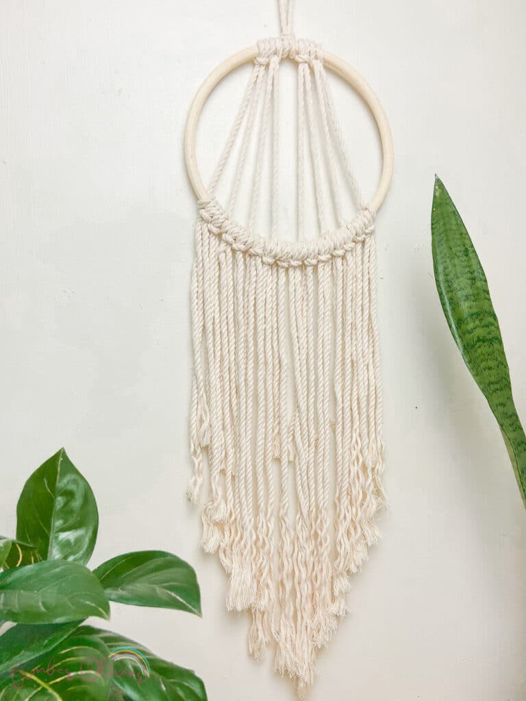 easy macrame wall hanging surrounded by plants