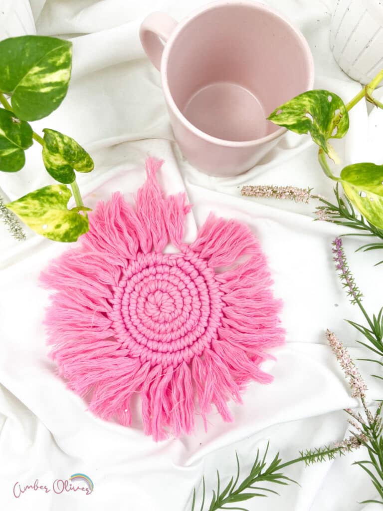 pink handmade macrame coaster