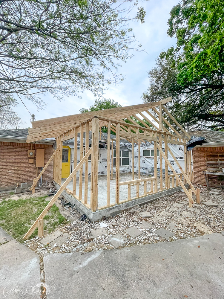 framing with the roof of the new family room home addition