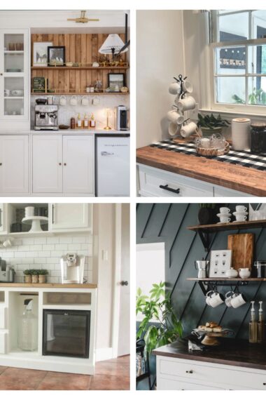 4 image collage with diy coffee bar storage ideas