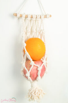 DIY macrame fruit hammock hanging with fresh fruit