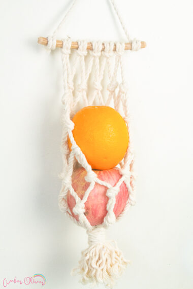 DIY macrame fruit hammock hanging with fresh fruit