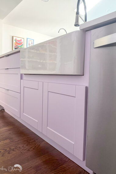 Farmhouse Sink installed in purple kitchen