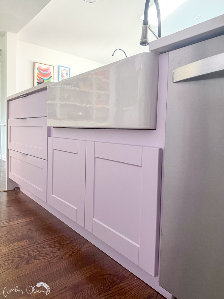 Farmhouse Sink installed in purple kitchen